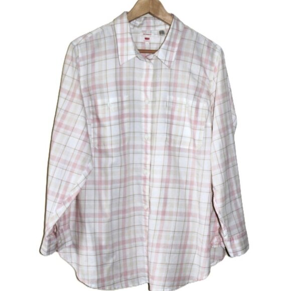 LEVI'S® Boyfriend Plaid Button-Up Shirt in Cream & Pink - Size 1X - Picture 1 of 8